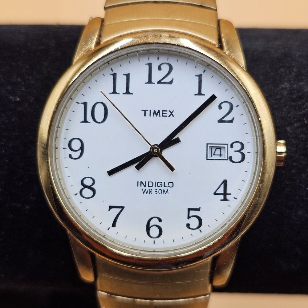 Timex Easy Reader T2H301 Mens Gold Tone 35mm Expansion Band Indiglo Works Great